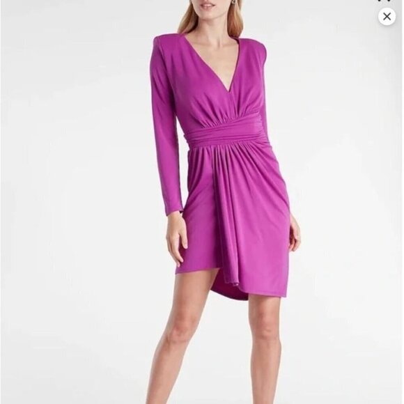 Express Dress Mini Draped V-Neck Strong Shoulder Purple SZ S NWT $88 Holiday - Picture 3 of 10